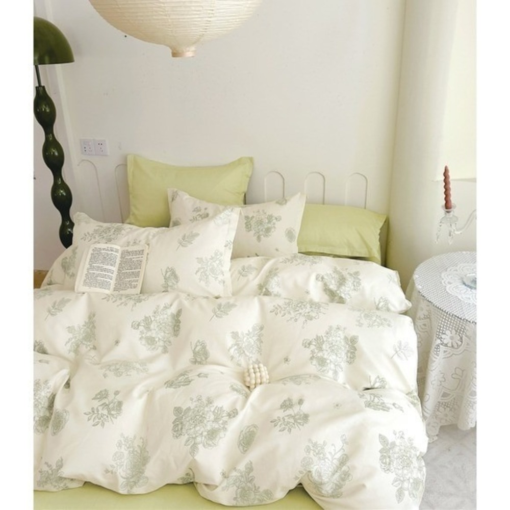 Janet Light Green/White Floral 100% Cotton Duvet Cover Set Full Queen